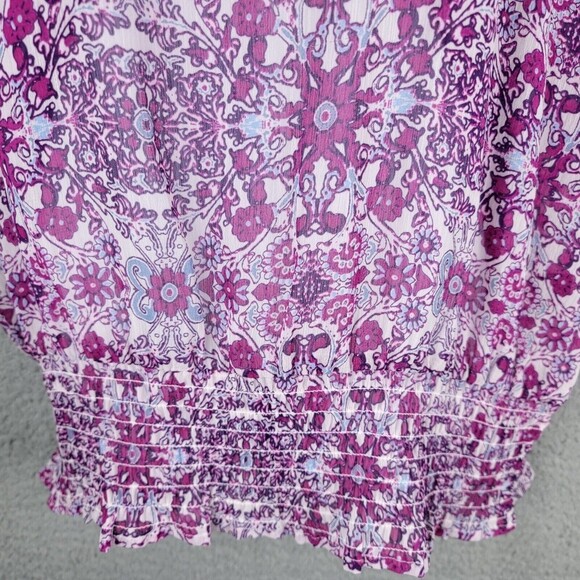 Fever Womens Blouse Top  Large Elastic Smocked Waist Tab Sleeves Sheer Floral - Picture 13 of 16